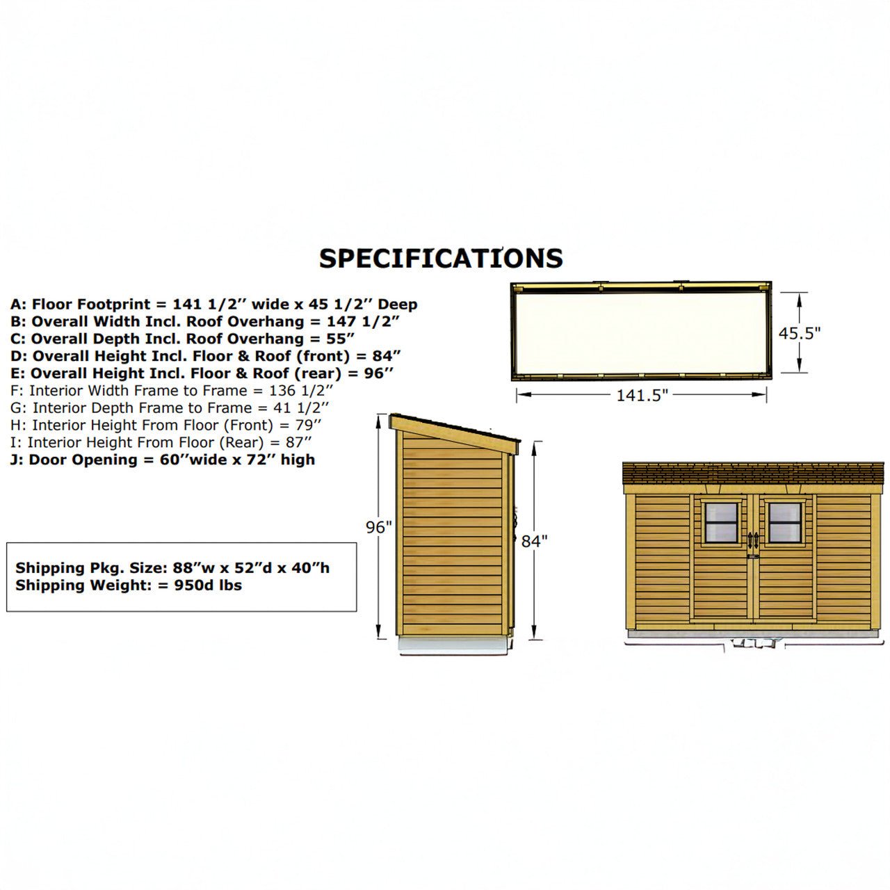 12' x 4' SpaceSaver Storage Shed - Sliding Double Doors Cedar Shingle Roof