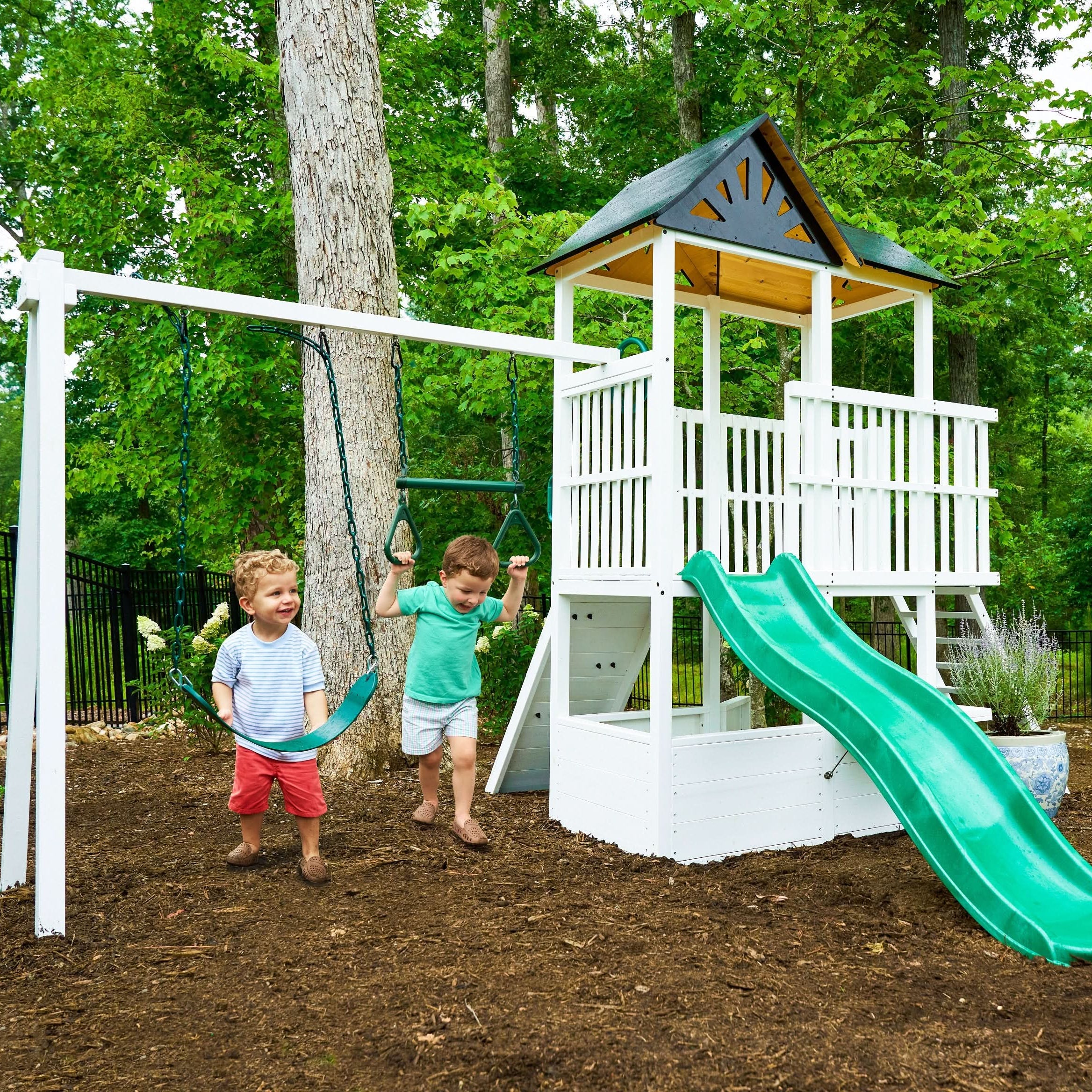 Craftsman Wooden Playhouse & Swing Set - Outdoor Play Set