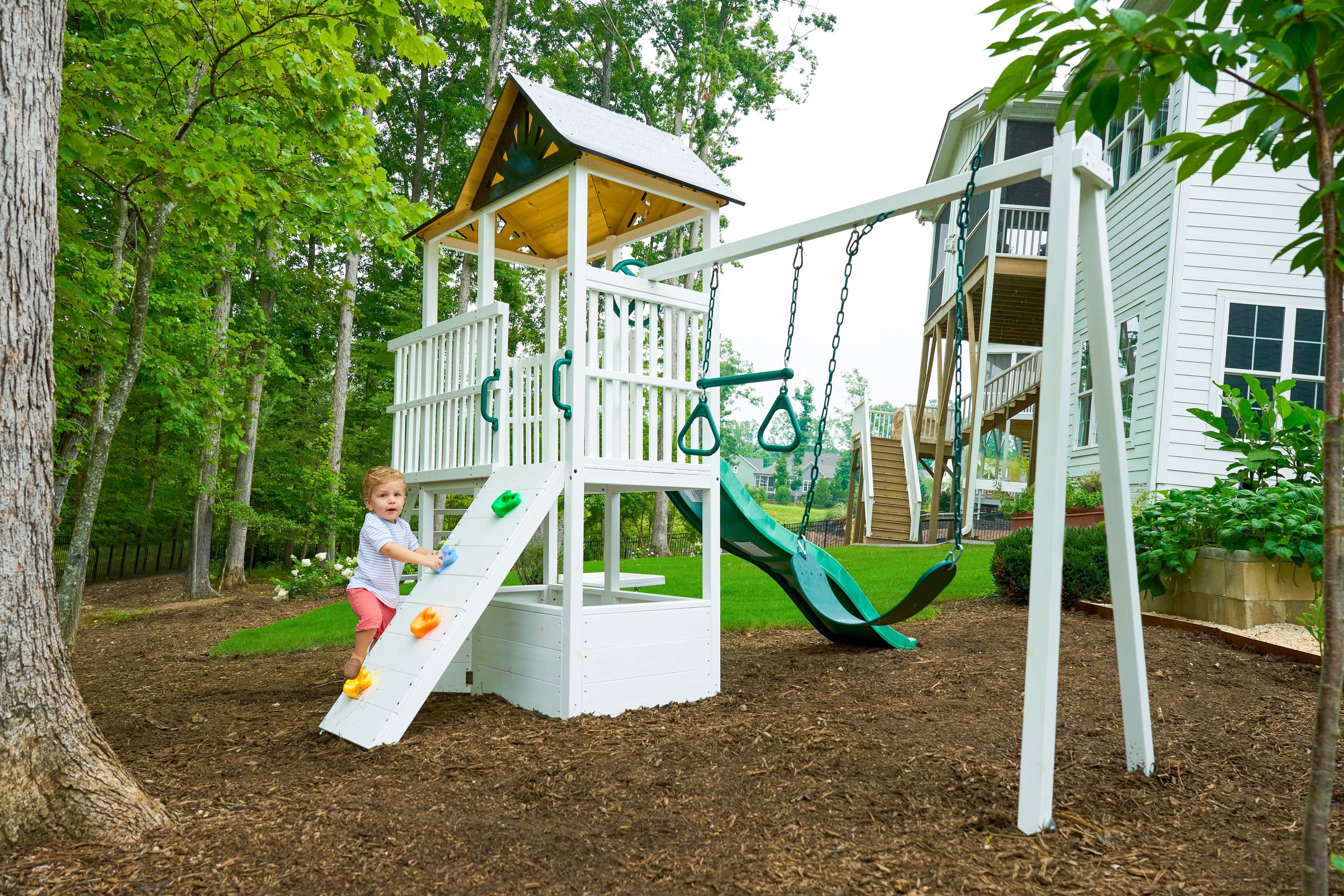 Craftsman Wooden Playhouse & Swing Set - Outdoor Play Set
