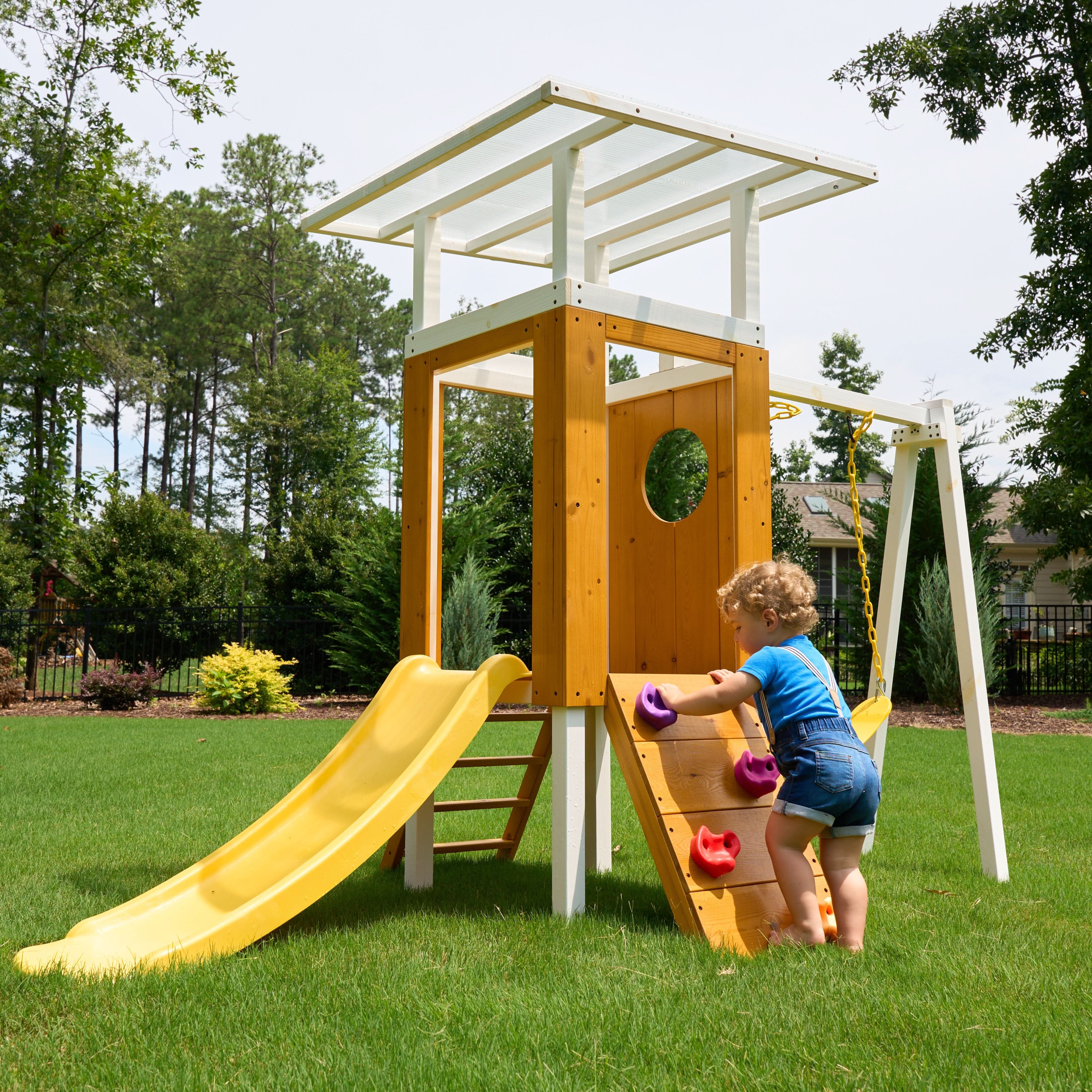 Forest Compact Wooden Playhouse & Swing Frame - Outdoor Toddler Swing Set