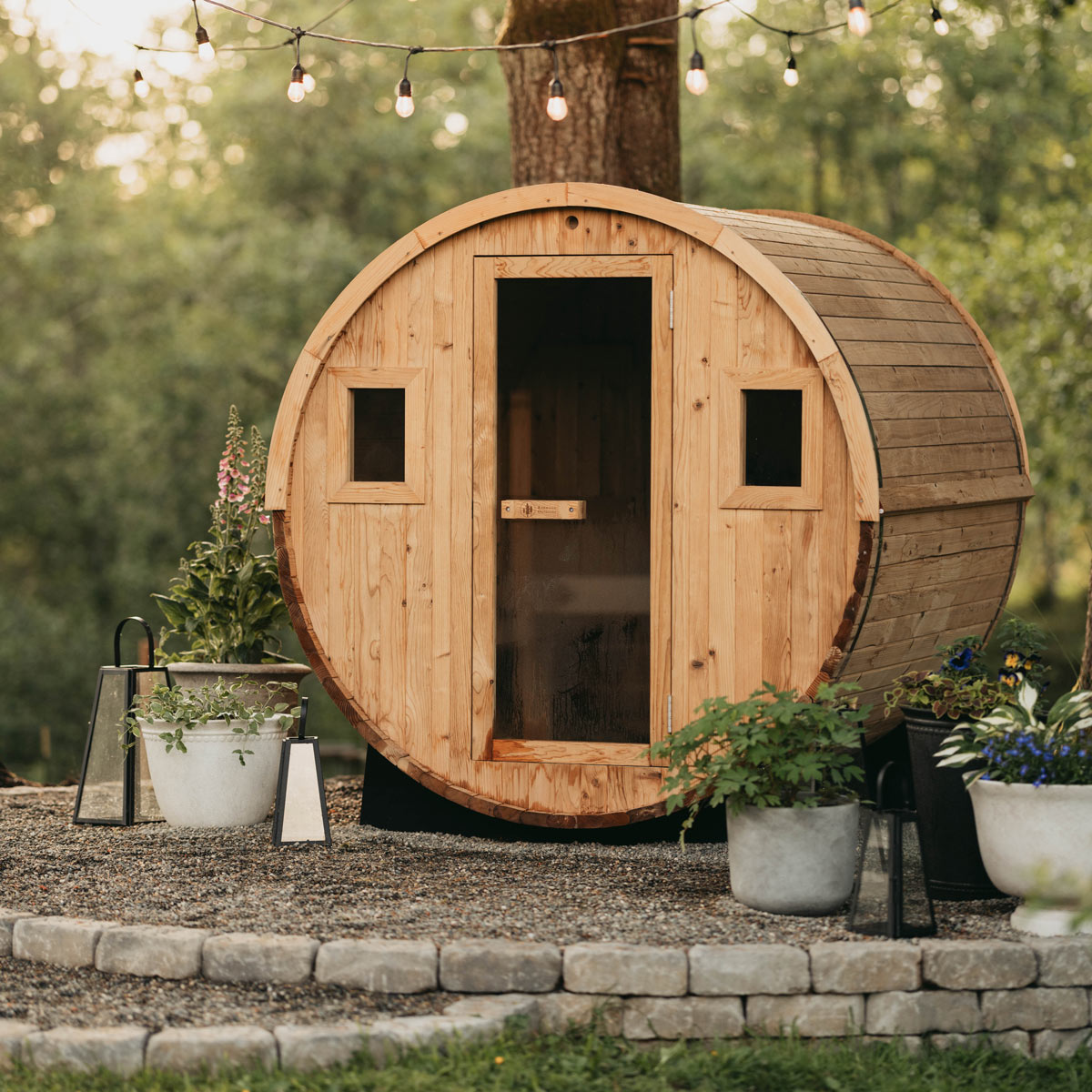 Barrel Outdoor Sauna - 6 Person w/ Harvia Spirit Wi-Fi 8kW Heater