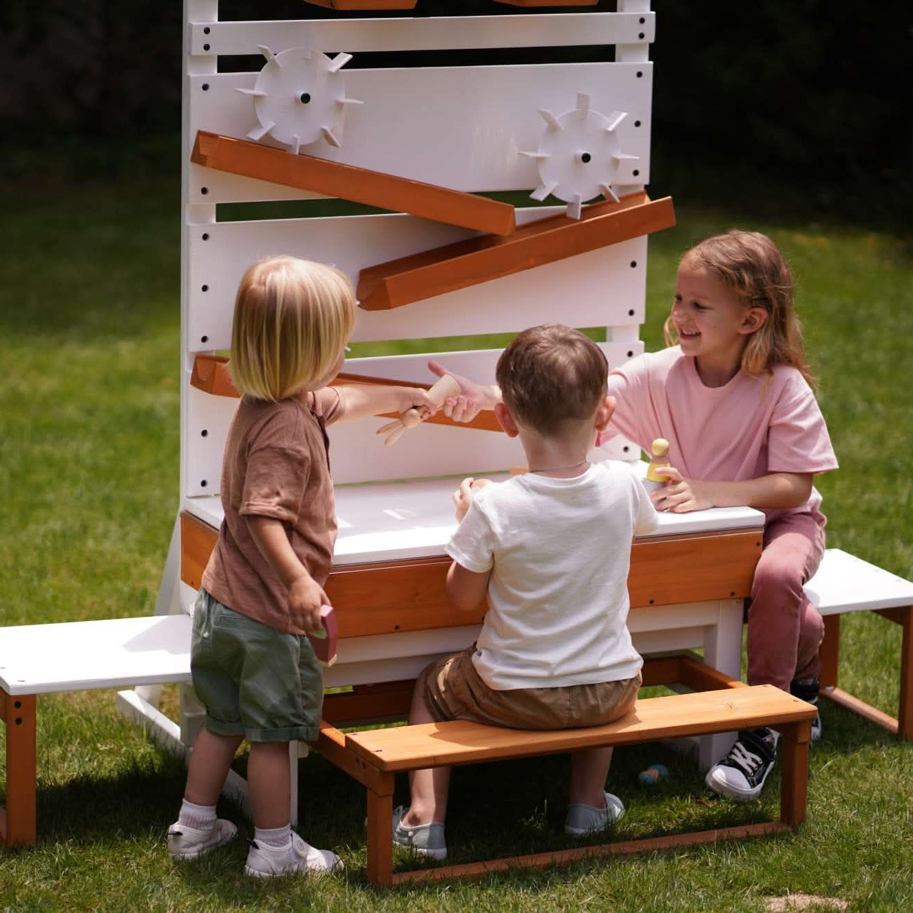 Interactive Wooden Water Table - Multi-Level Sensory Play Station & Bench