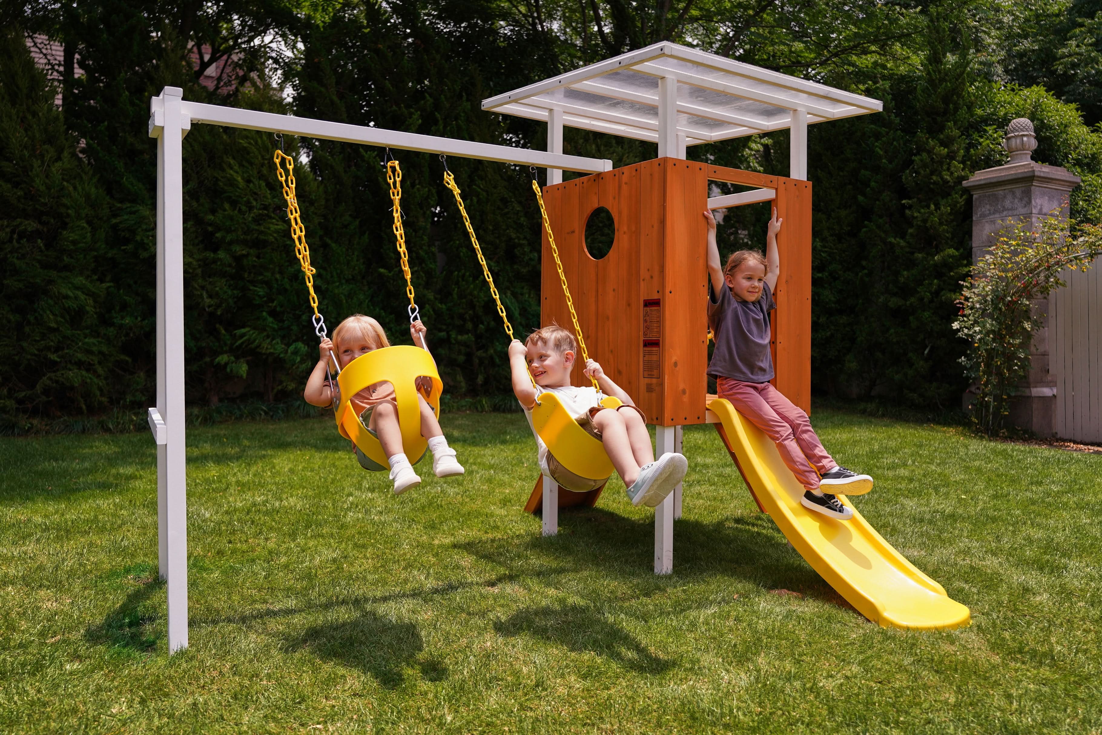 Forest Compact Wooden Playhouse & Swing Frame - Outdoor Toddler Swing Set