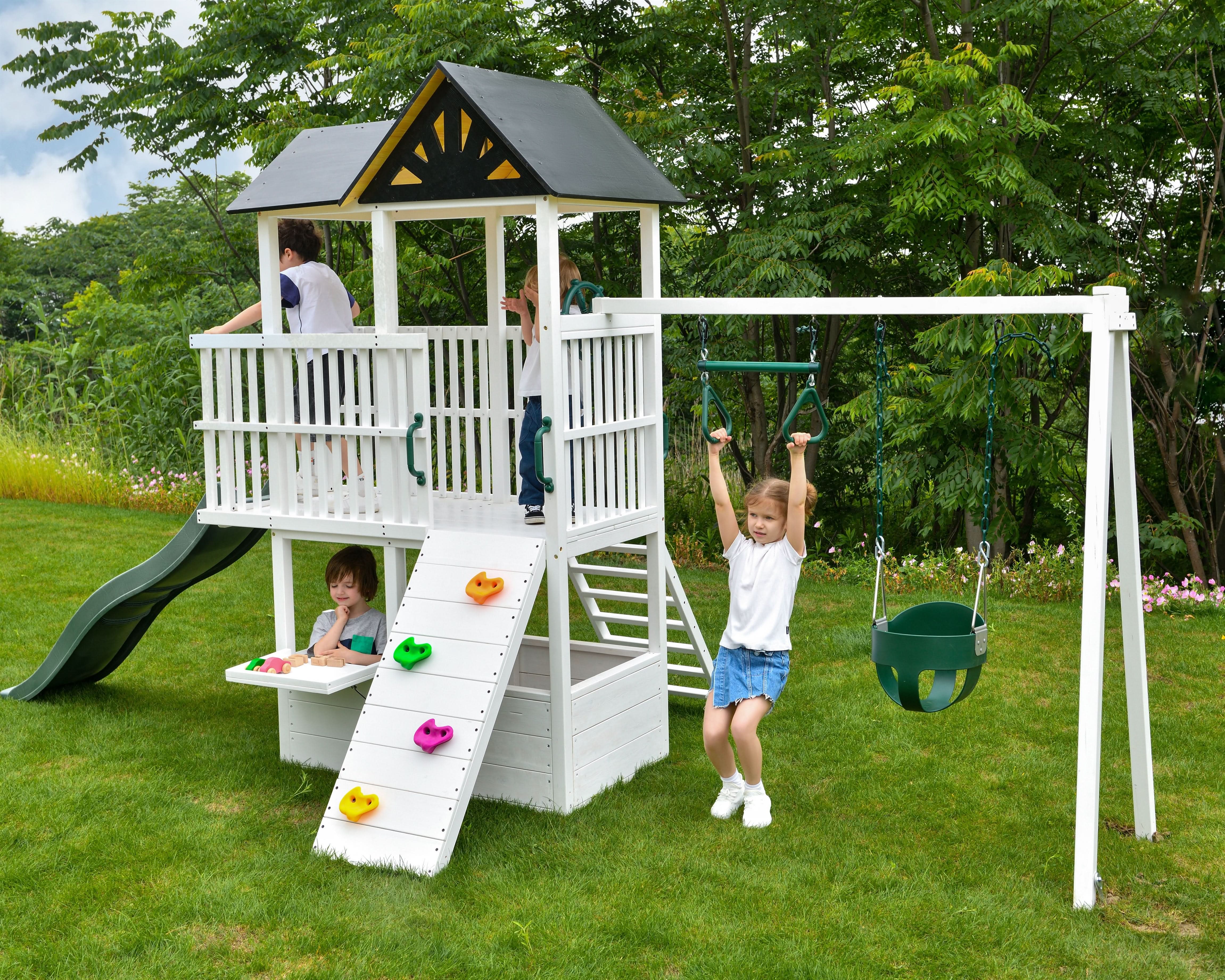 Craftsman Wooden Playhouse & Swing Set - Outdoor Play Set