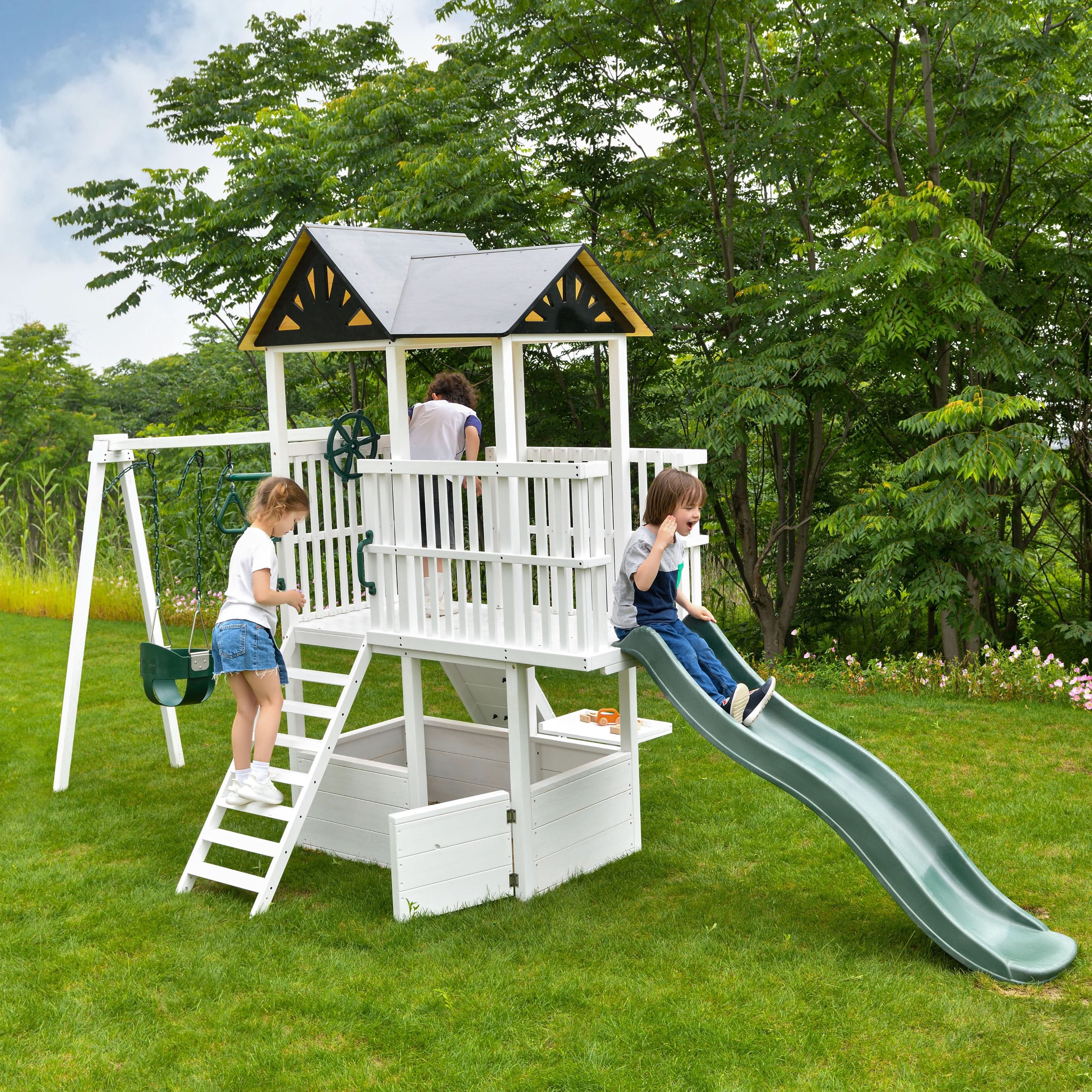 Craftsman Wooden Playhouse & Swing Set - Outdoor Play Set