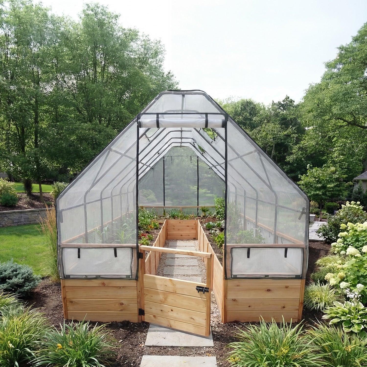 Cedar Complete Raised Garden Bed Kit with Greenhouse Cover 8' x 16'