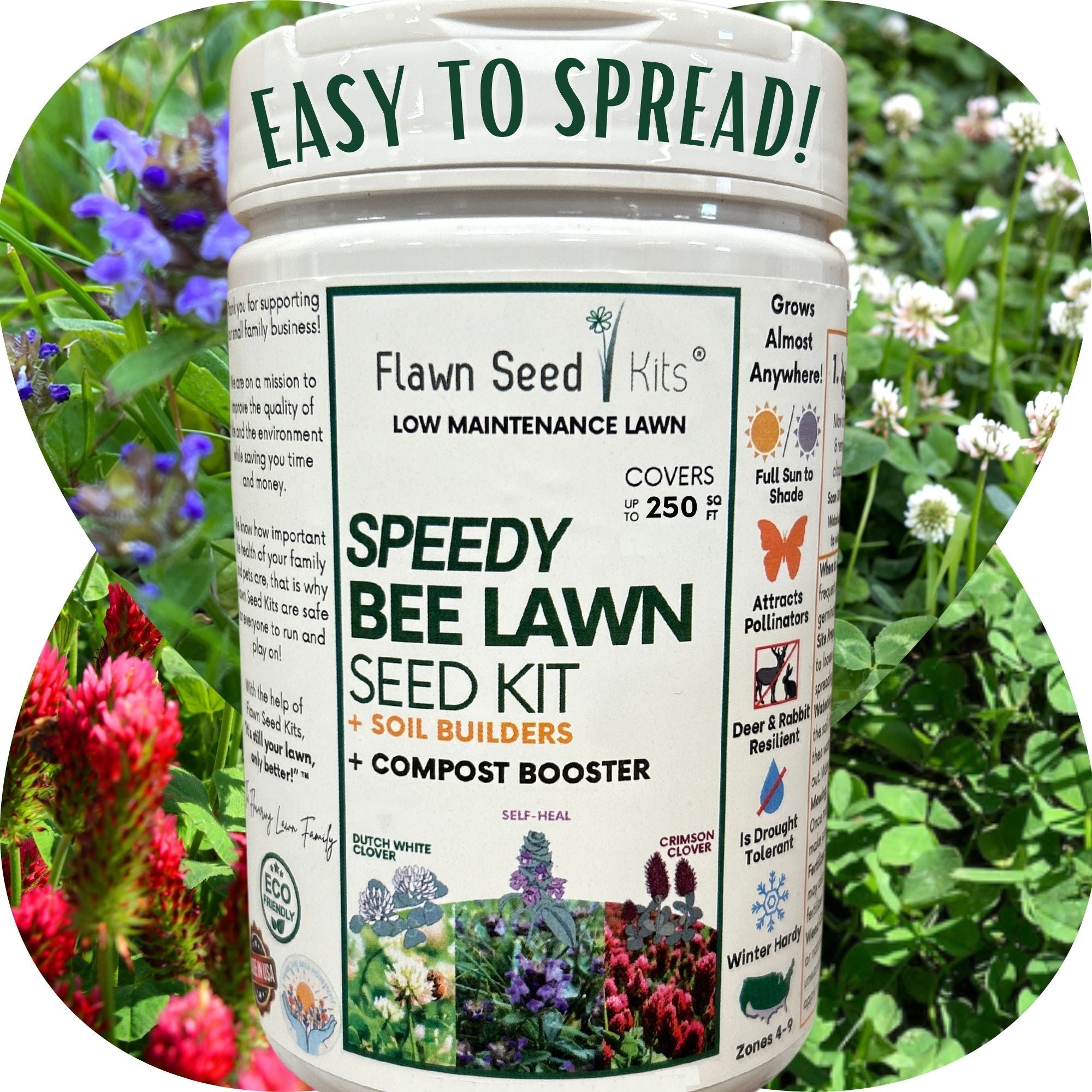 Speedy Bee Lawn Blend -  Dutch White Clover, Self-Heal & Crimson Clover Seed Kit