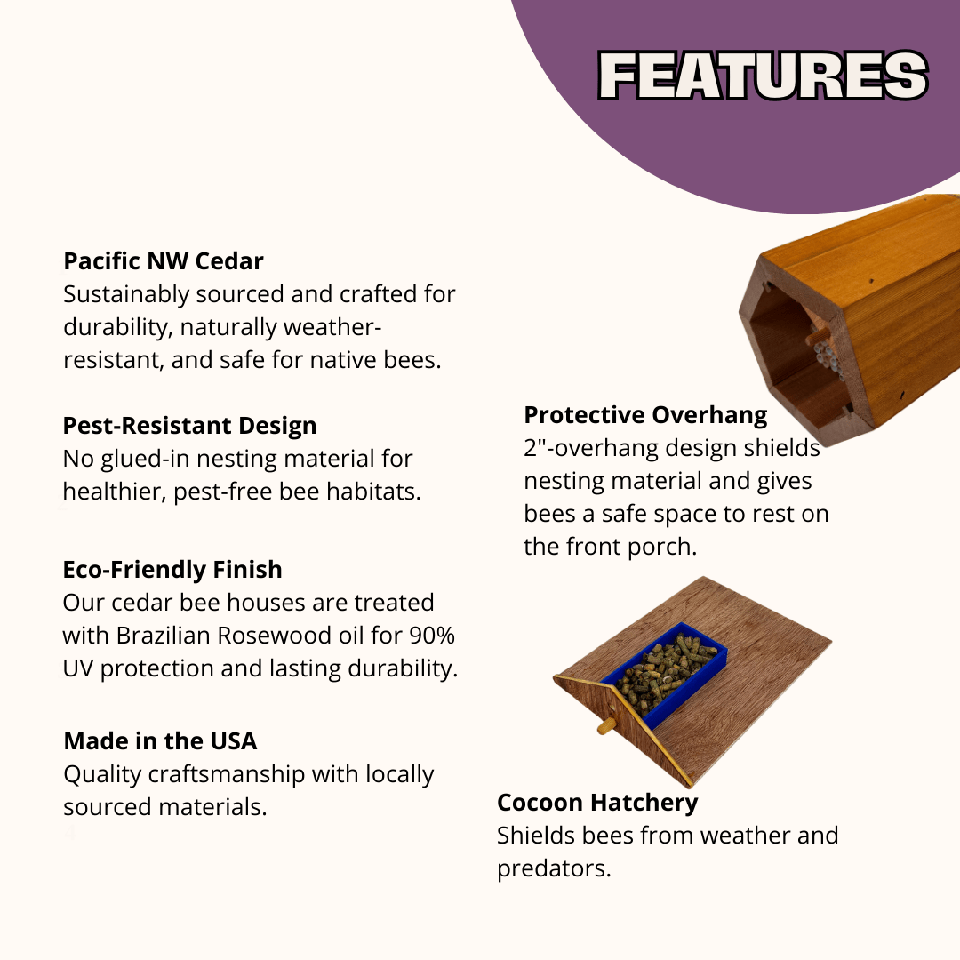 Cedar Cabana Complete Kit Bee House & Bee Certificate Spring Mason Bees (temps 55-80F)