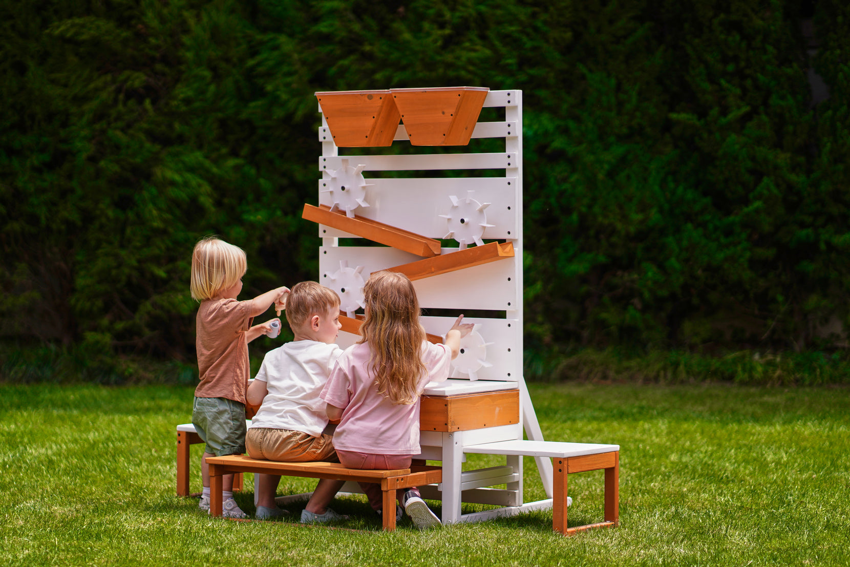 Interactive Wooden Water Table - Multi-Level Sensory Play Station & Bench