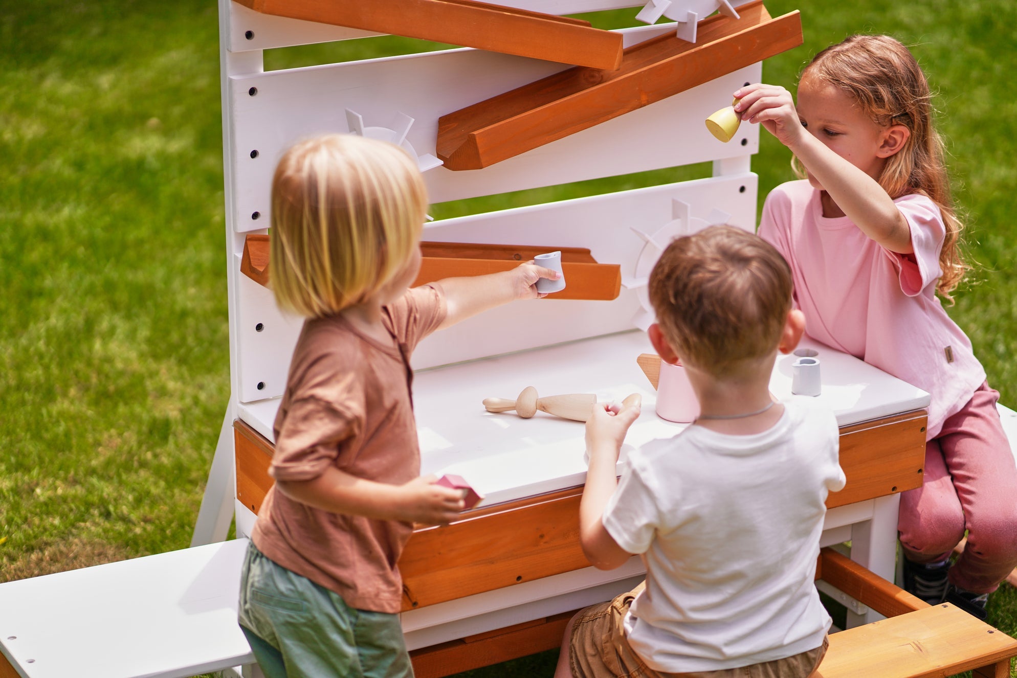Interactive Wooden Water Table - Multi-Level Sensory Play Station & Bench