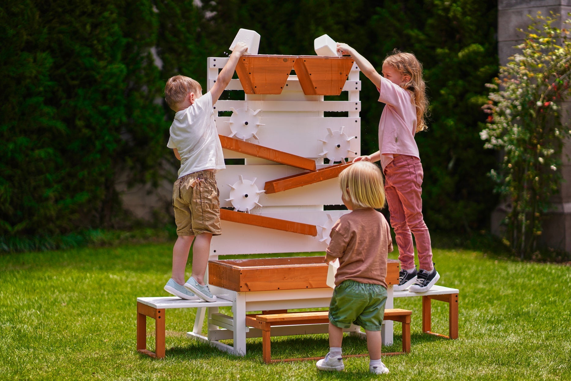 Interactive Wooden Water Table - Multi-Level Sensory Play Station & Bench