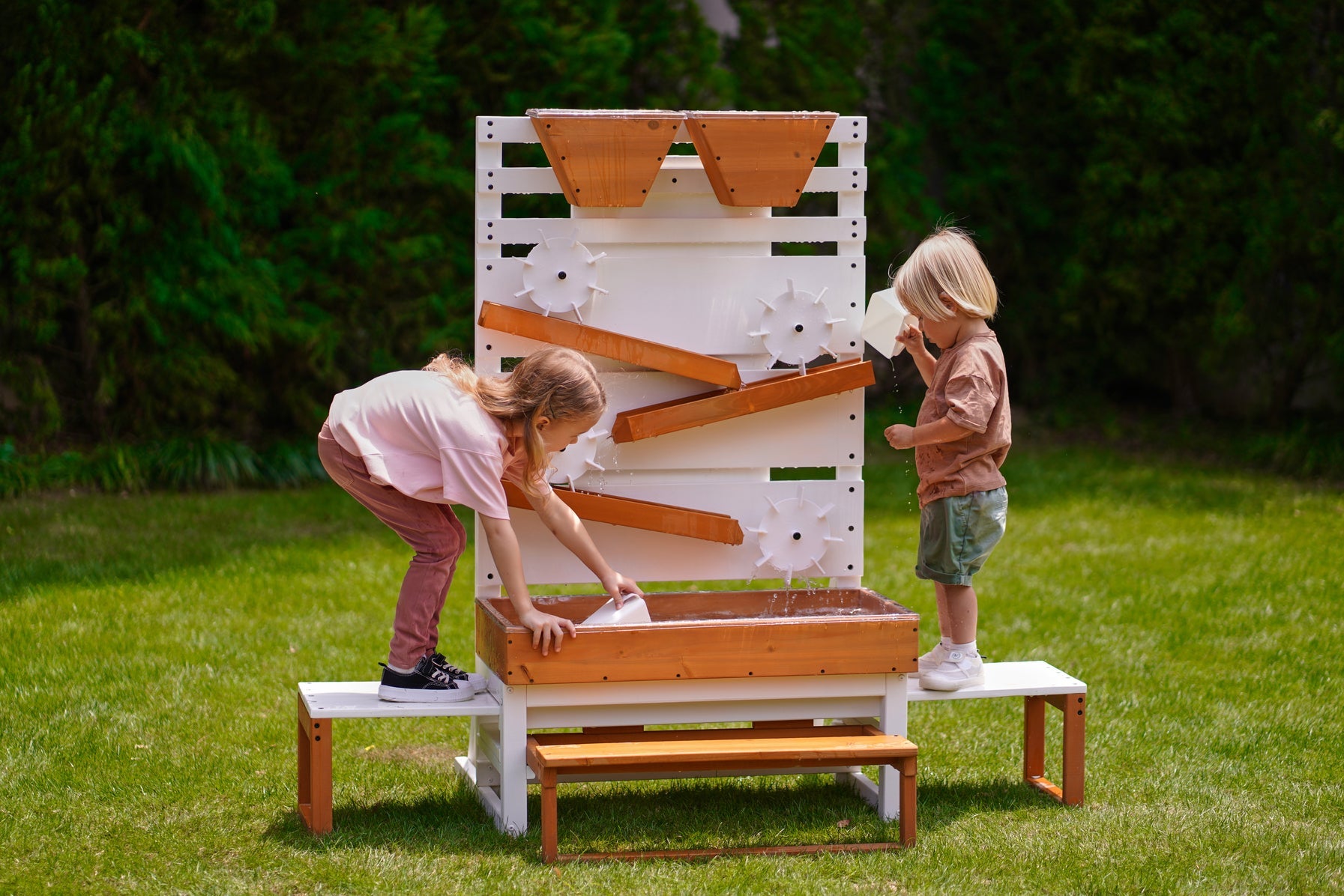 Interactive Wooden Water Table - Multi-Level Sensory Play Station & Bench