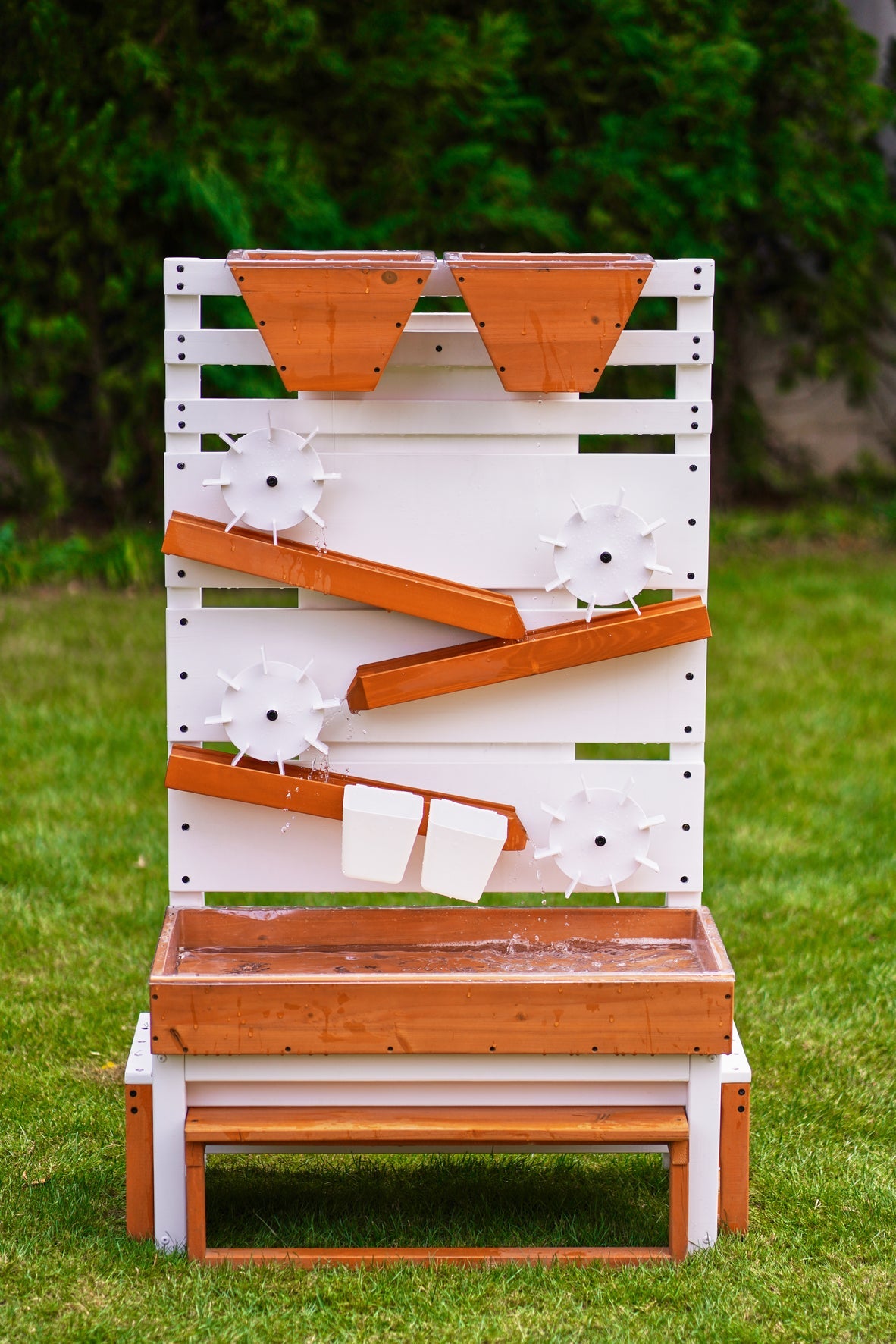 Interactive Wooden Water Table - Multi-Level Sensory Play Station & Bench