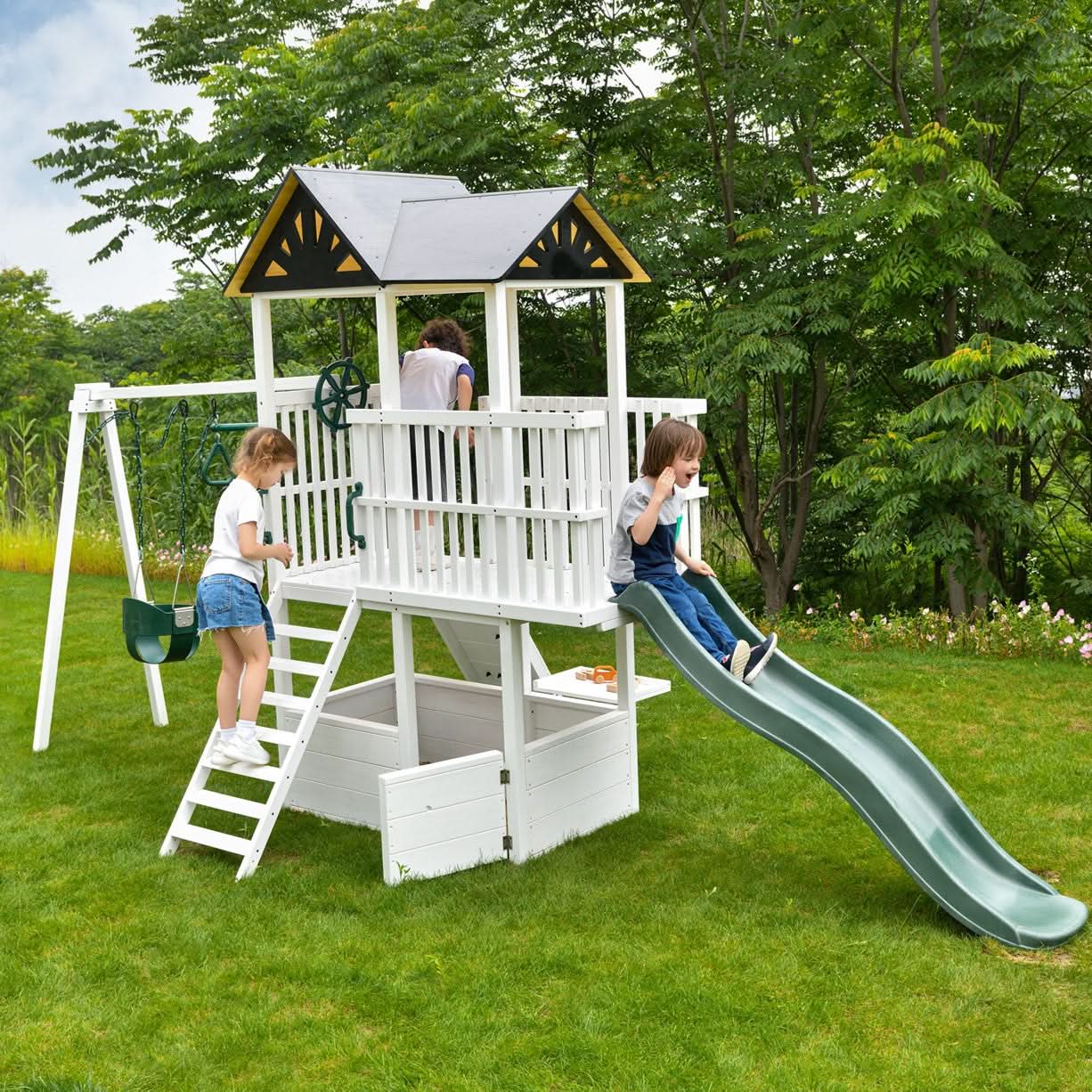 Craftsman Wooden Playhouse & Swing Set - Outdoor Play Set