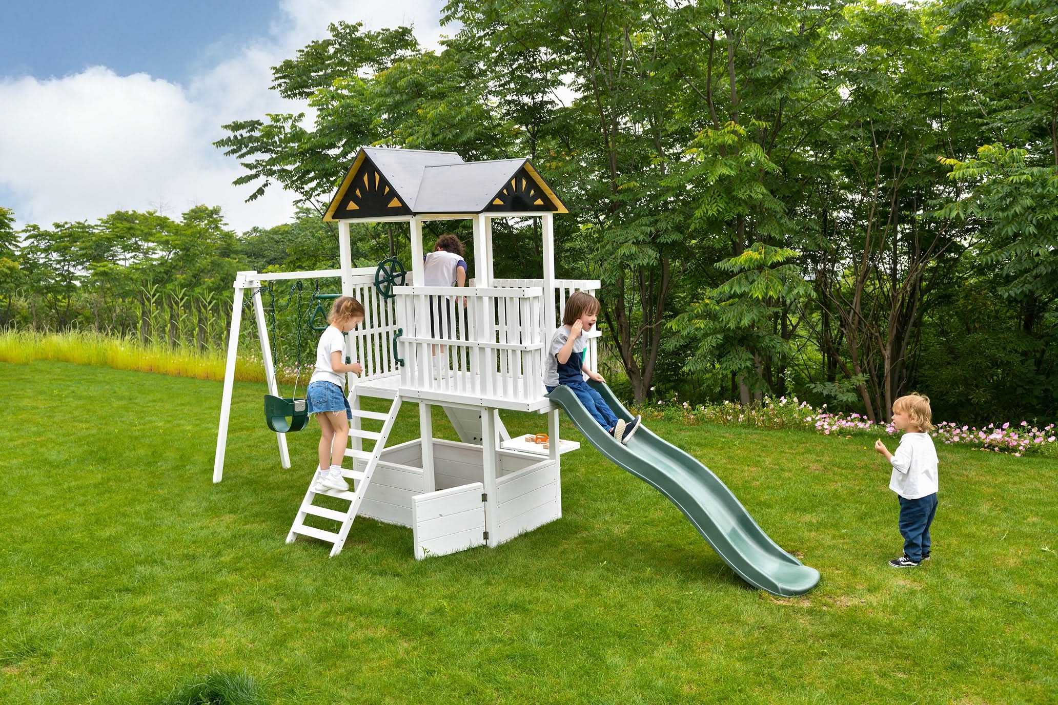 Craftsman Wooden Playhouse & Swing Set - Outdoor Play Set