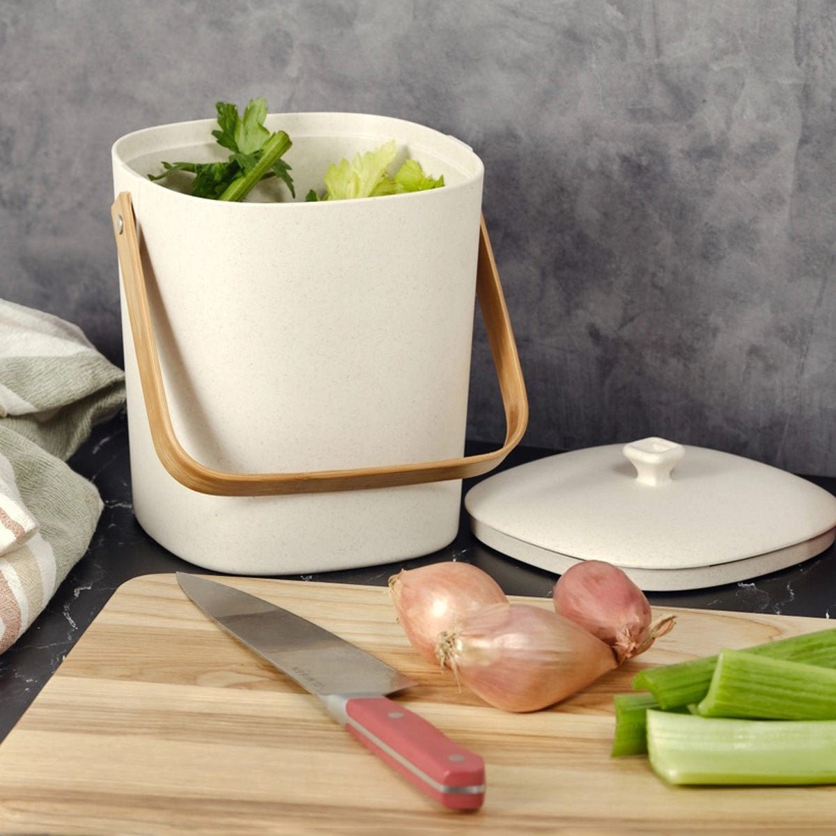 Indoor Countertop Compost Keeper - Square Linen White