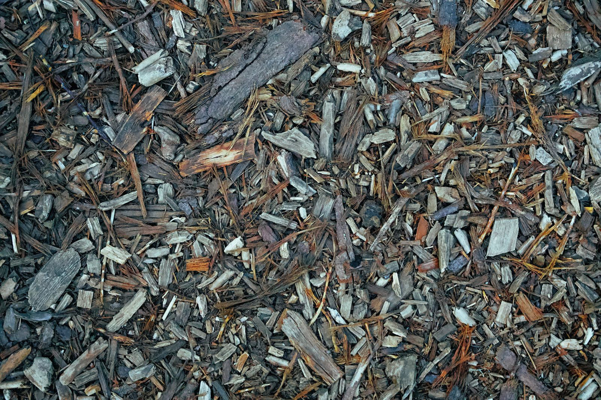 Wood chip mulch spread over a garden bed