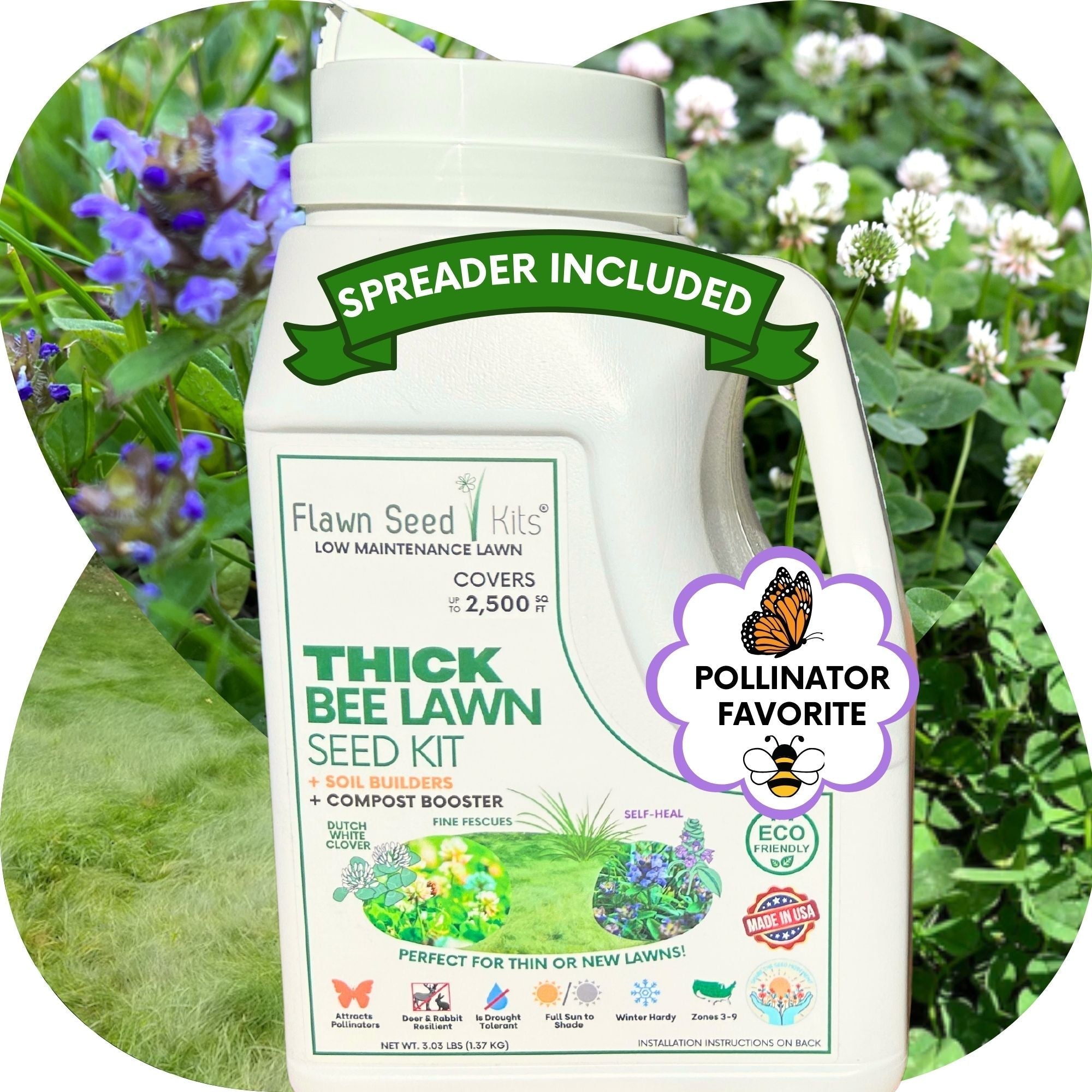 Thick Bee Lawn Blend - Dutch White Clover, Self-Heal, & Fine Fescue Seed Kit 250 sq ft