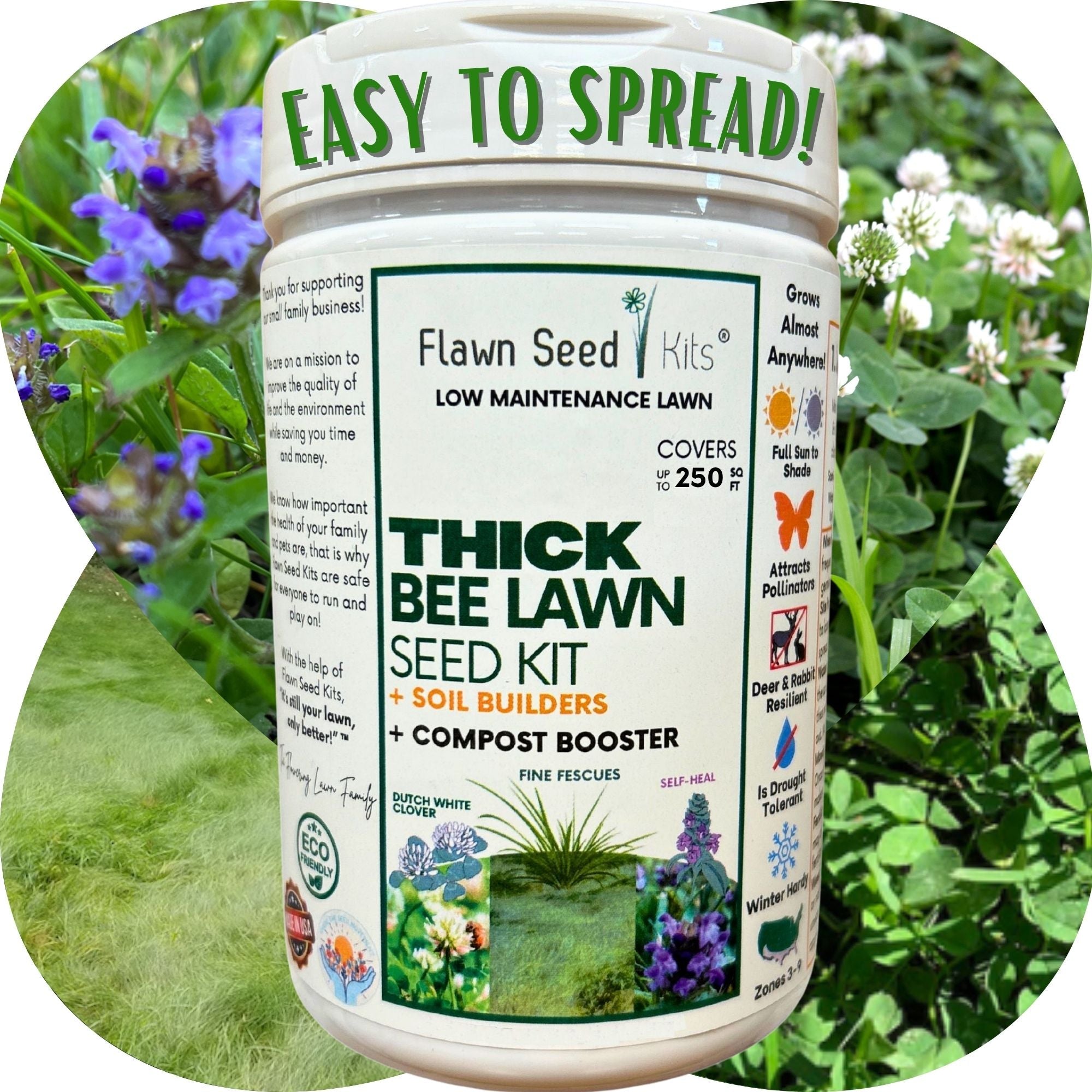Thick Bee Lawn Blend - Dutch White Clover, Self-Heal, & Fine Fescue Seed Kit 250 sq ft